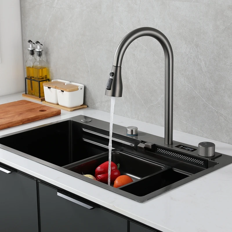 

Countertop Undermount Waterfall Kitchen Faucet Multi-functional Piano Key Waterfall Kitchen Sink Stainless Steel 304 Modern