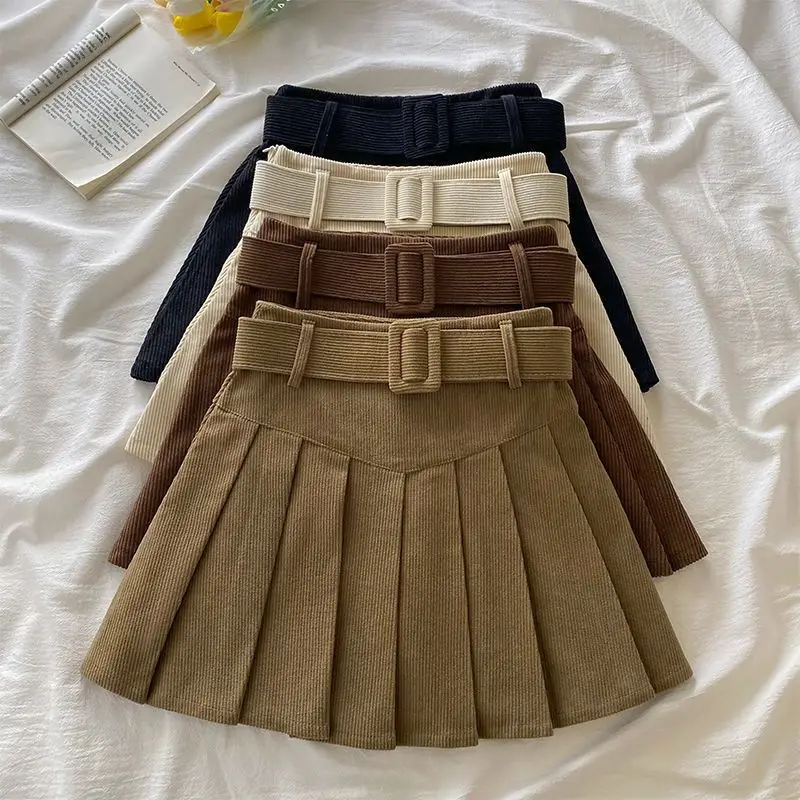 

Simple French All Match Pleated Autumn Winter Skirt Y2k Aesthetic Corduroy A-line Punk Women Jupe Harajuku High Waist Skirt