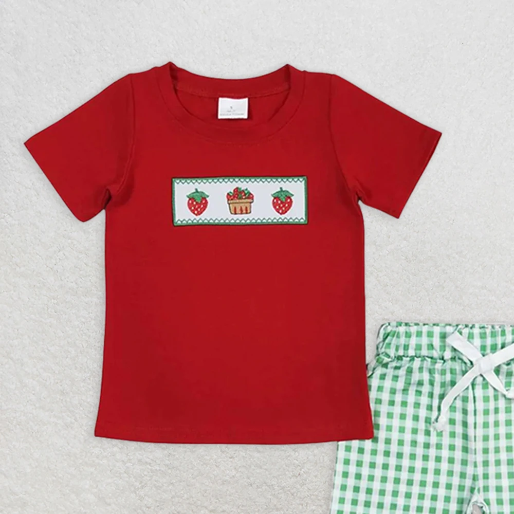 طقم قميص وسروال قصير مطبوع عليه كعكة الفراولة الحمراء للأطفال الصغار بأكمام قصيرة طقم ملابس أطفال للأولاد #2