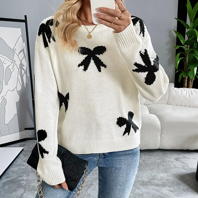 Autumn Winter 2025 Women Pullovers Sweaters Tops Round Neck Full Sleeve Jumpers Y2k Streetwear Elegant Splice Knit Print Work