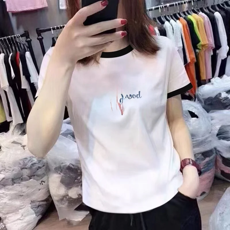 Sommer Neue Sle frauen Baumwolle T-shirt Pendeln Casual Lose ort Sve runde Ne Farbe Blo Print Top Vielseitig Arc Saum