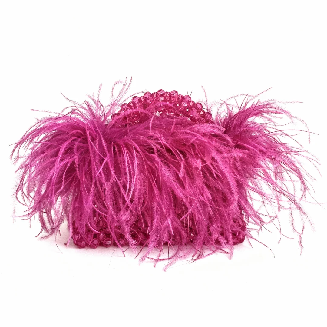Pearl Bead Bag With Feather Fur Designer Brand Clear Acrylic Crystal Stone Box Tote Handbag Women Handmade Party Purse image 3