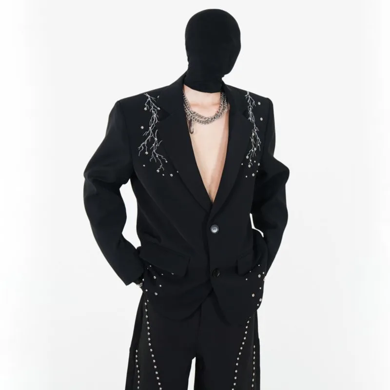 WVGA Spring Autumn New Man Rivet Printed Trendy Shoulder Padded Blazer Niche Chic Casual Staight Suit PantsTwo-Piece Sets W15022
