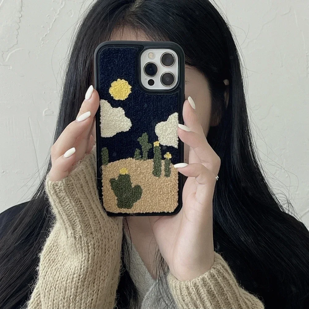 New Embroidery Sun Flower Cover For iPhone 11 12 13 14 15 Pro Max Xr X Xs 14 15Plus Winter Aesthetic Fuzzy Plush Shockproof Case