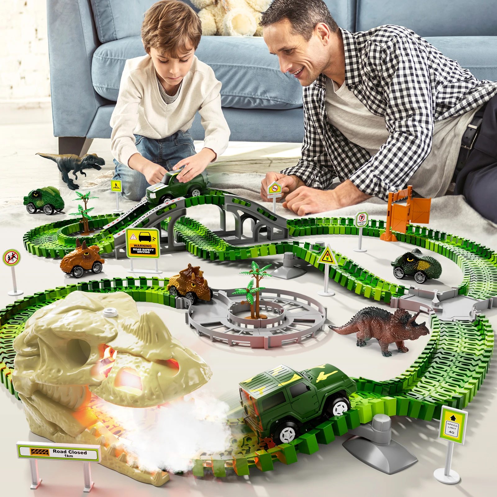 249 PCS Dinosaur Skeleton Rail Car Toys with Sound & Light, Dinosaur Race Car Tracks Diy Engineering for Children as Gifts