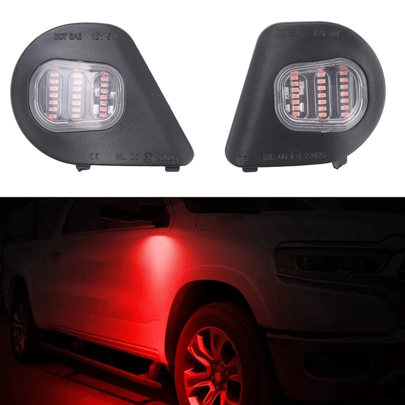 2Pcs Red LED Side Mirror Lights Under Puddle Lamp For 2010-2019 Dodge Ram 1500 2500 3500 4500 5500 68302825AA,68302824AA