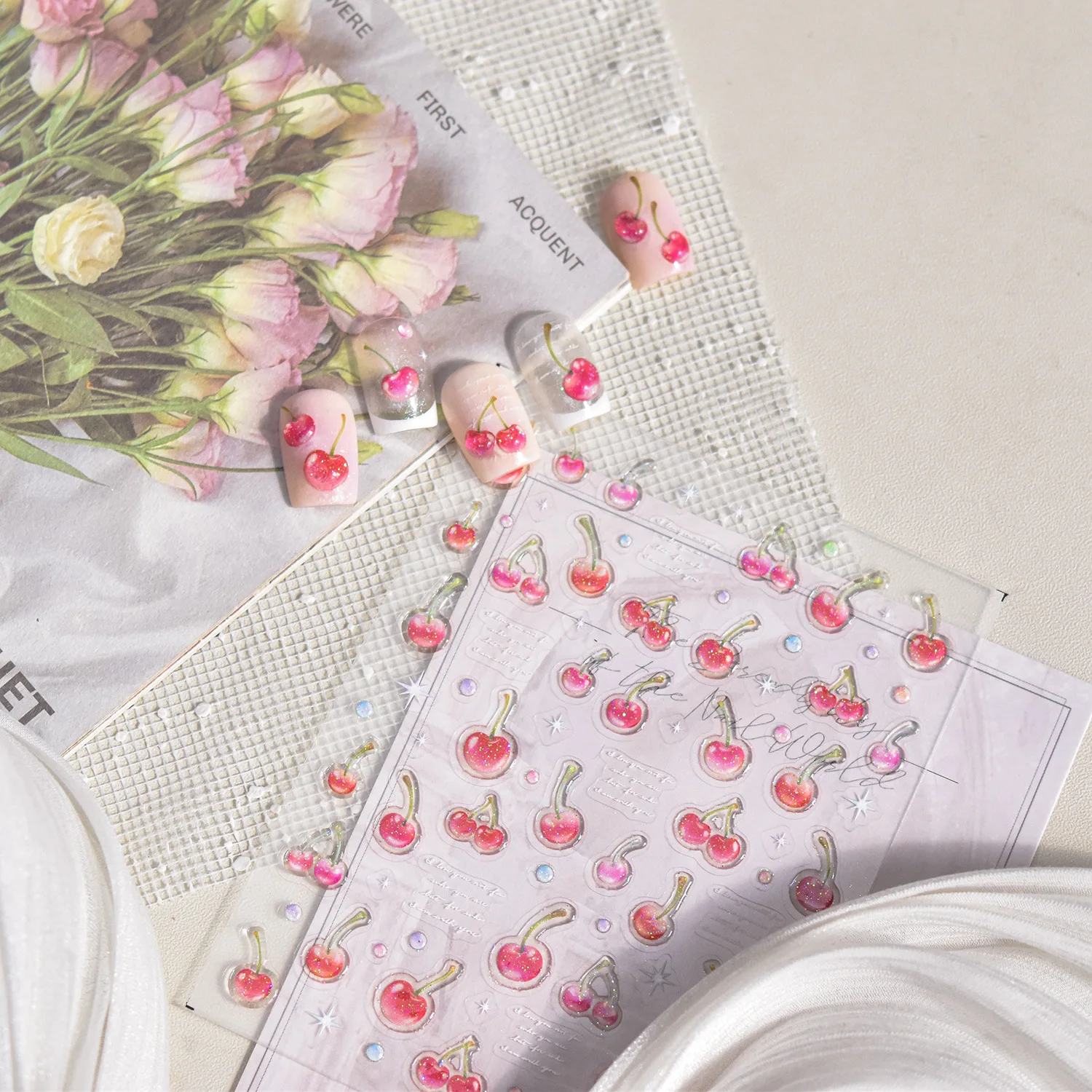 Bonitas pegatinas brillantes de cereza para decoración de uñas, diseño de fruta dulce, pegatinas autoadhesivas para decoración de uñas, accesorios para uñas con purpurina DIY