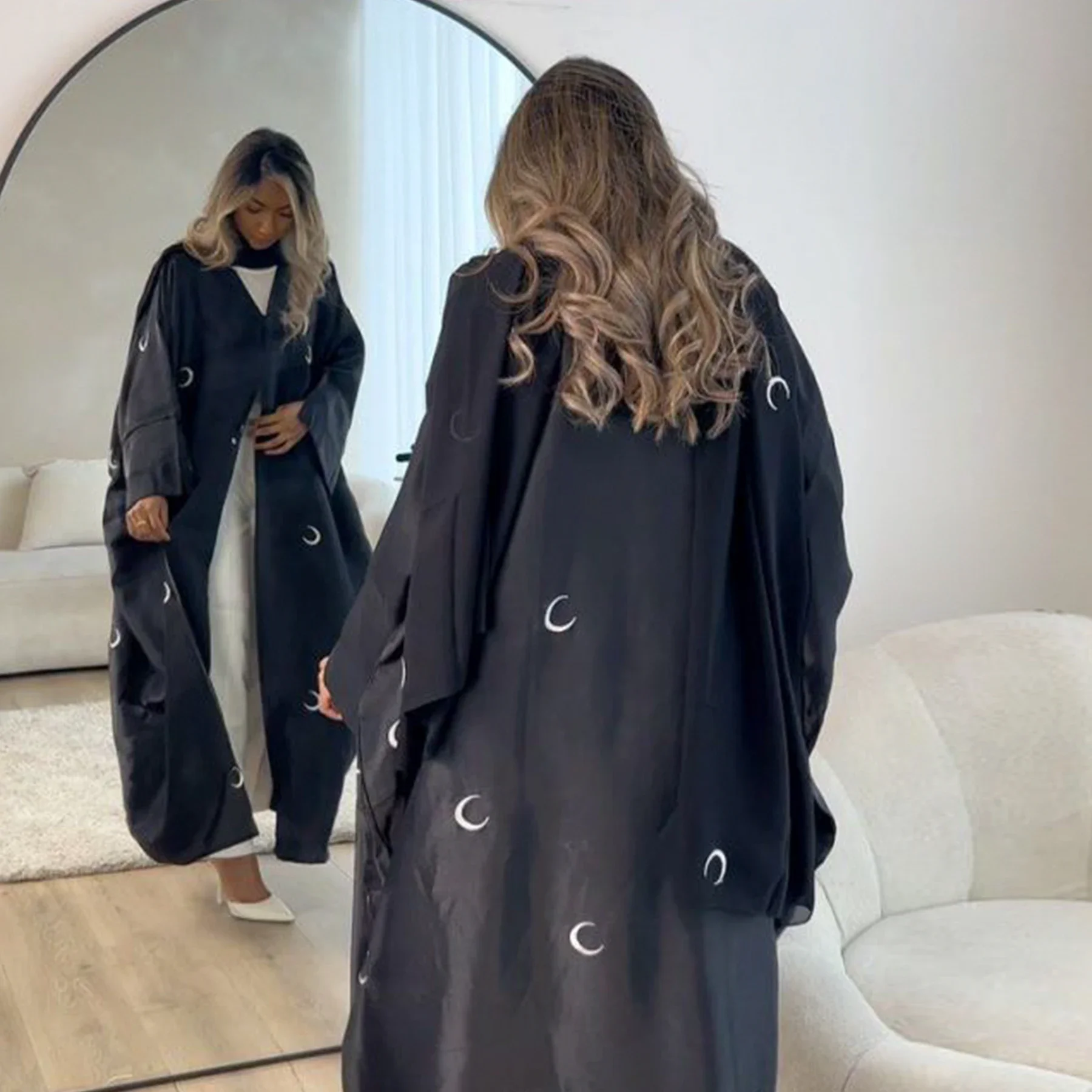 Turkey Kaftan Women Muslim Moon Embroidery Dress Open Abaya Dubai Islamic Jalabiya Kimono Cardigan Eid Ramadan Robe Party Gown