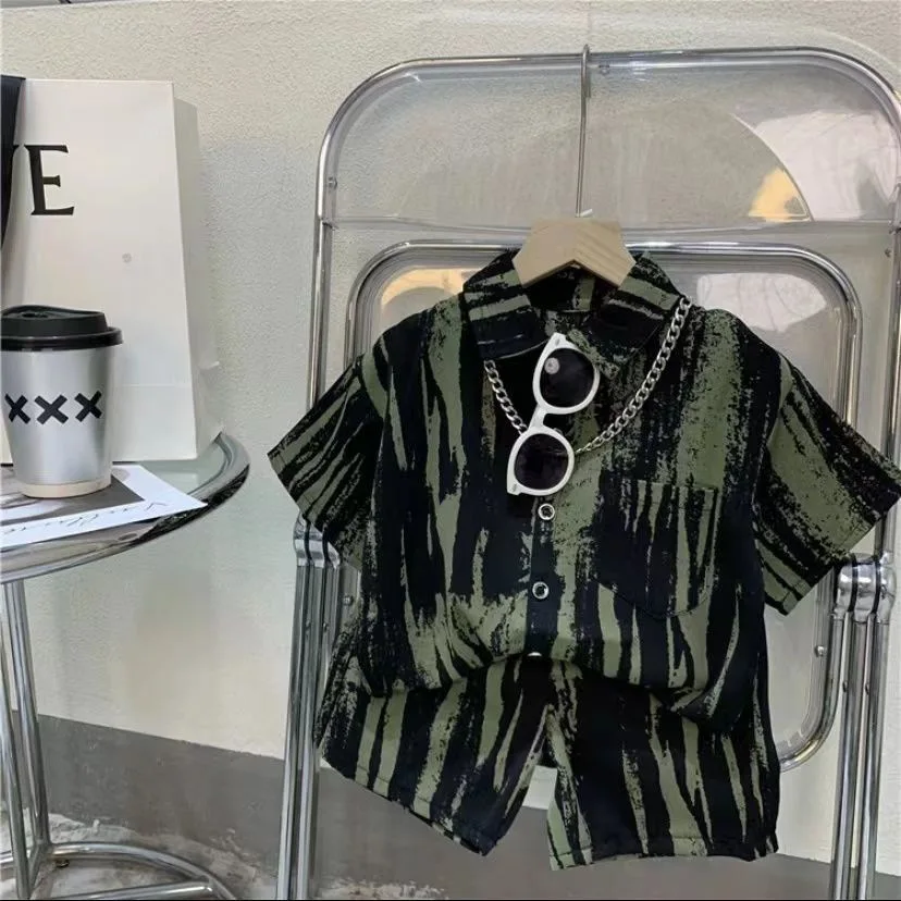 Conjunto de 2 piezas para niños, top de manga corta y pantalones cortos, camiseta fina y holgada, ropa sencilla de verano