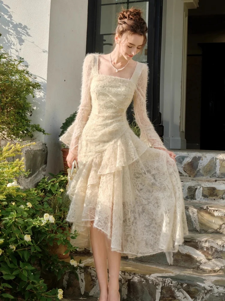 Women Vintage Fuzzy Lace Party Dress Autumn Ruffles Long Sleeve Squaer Neck Slim A-line Evening Prom Mujer Wedding Guest Dresses