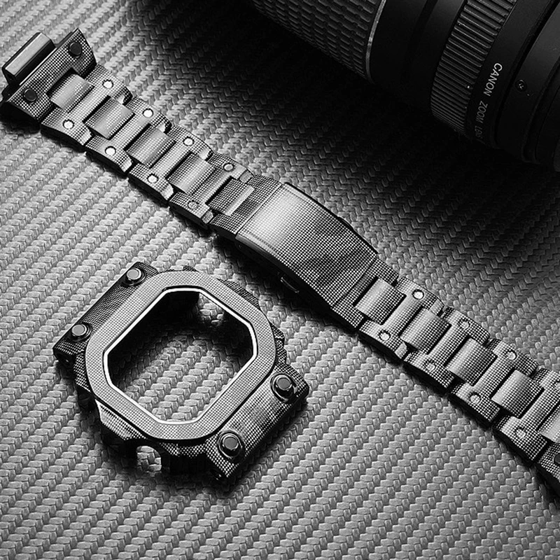 

Комплект из стального ремешка и корпуса для часов Casio GMW-B5000, маленькие серебристые часы с золотыми вставками, модифицированный камуфляжный дизайн, титановый сплав.
