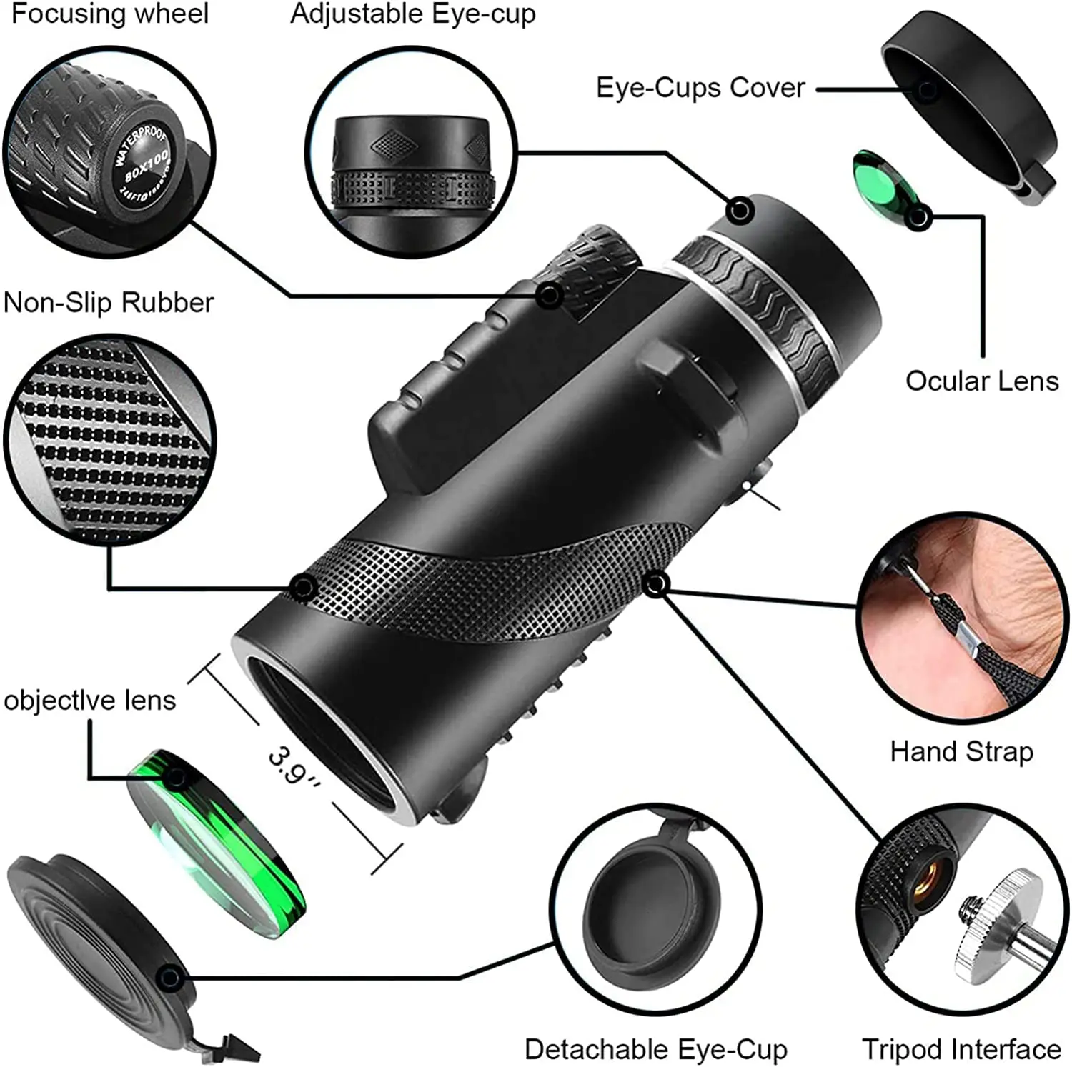 Telescope HD 20X100 Portable Zoom Monocular Ipx4 Waterproof Long Distance Powerful Hunting Sports Outdoor Camping Travel Hike