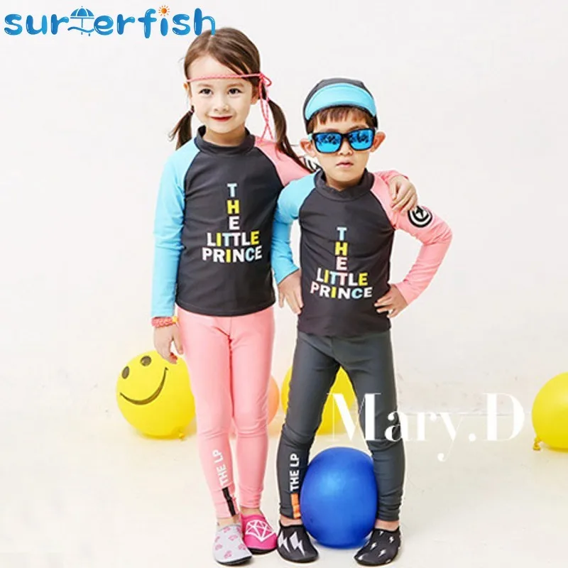 Two Piece Long Sleeve Letters  Brother Sister Cover up swimwear beachwear kids girls boys Swimsuits Patchwork Swimwear