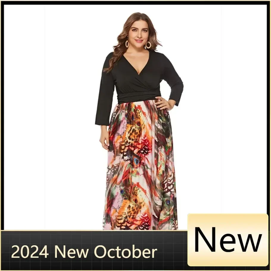 2025 Autumn Hot Sale European And American Style Plus Size V-Neck Full Sleeve Printed Dress For Women