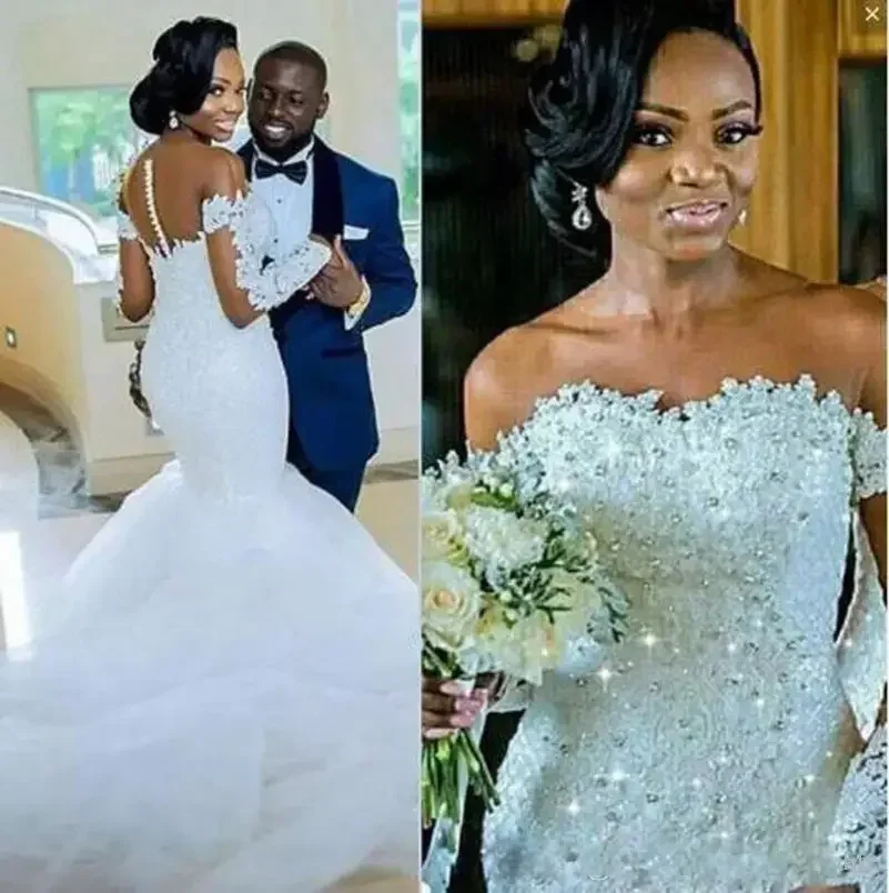 Customized Mermaid Wedding Dress Long Sleeves Lace Appliques Rhinestone Sheer O-Neck African Wedding Gowns Vestido De Noiva Sere