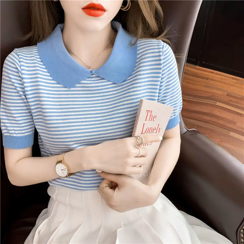 

Summer New Sweet All-match Thin T Shirts Short Sleeve Striped Doll Neck Loose Contrast Tops Tees Korean Fashion Women Clothing