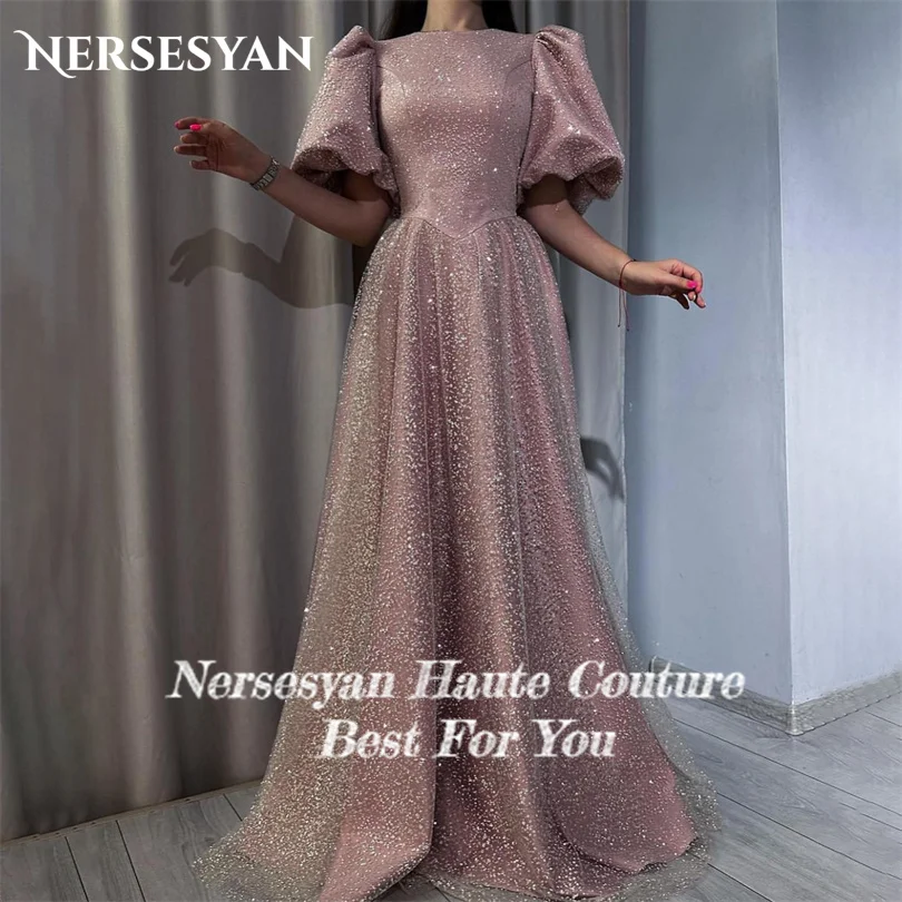 Nersesyan Elegant Puff Sleeves Formal Evening Gowns Glitter O-Neck Party Dresses Floor-Length A Line Graduantion 2023 Prom Gown