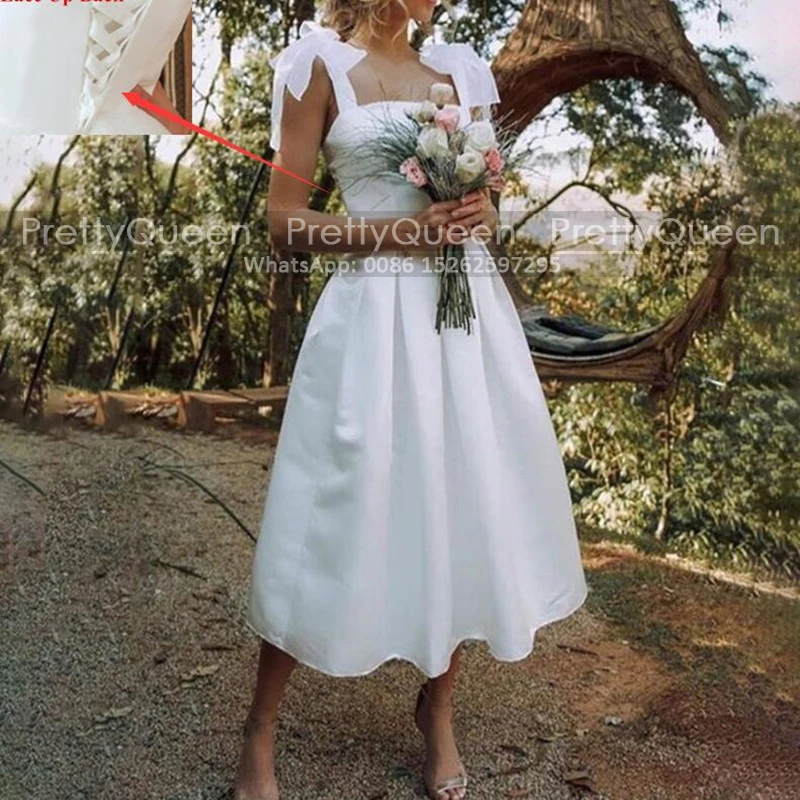 A Line Short Wedding Dress Bows Spaghetti Straps Tea Length Square Neck White Satin Bo Ho Beach Dresses Bridal Party