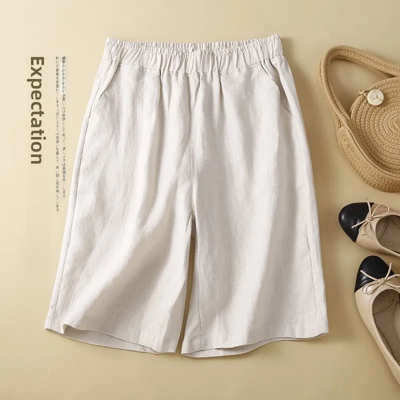 Coton lin jambe large ort pantalon femmes été ample polyvalent Tube droit mi-mollet pantalon lin décontracté cinq-quarts pantalon mince
