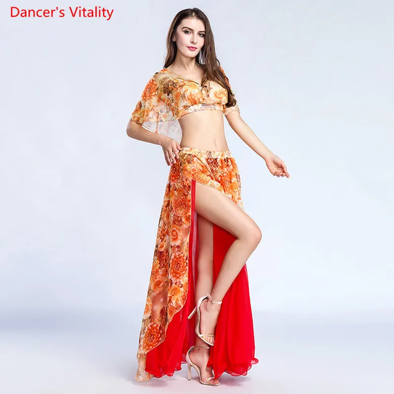 New Arrival Printed Women Top+Skirt 2 pcs. Belly Dance Practice Wearing a sexy Team Suit for Dancing Long Skirt