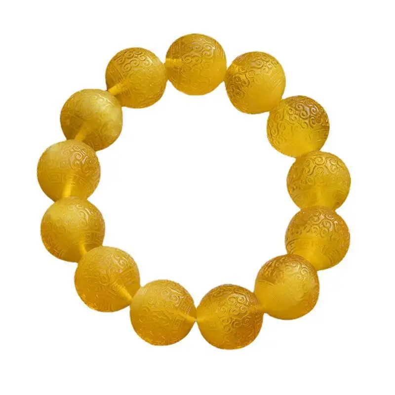 Russian yellow beeswax hand-carved patterned beads , raw stone gold honey amber bracelet for men and women