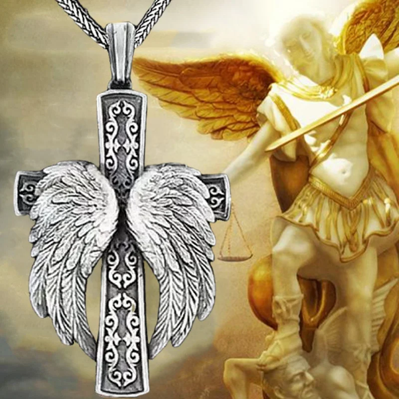 Fashion Cross Necklace Religious Belief Jesus Cross Angel Wings Pendant Hip Hop Necklaces for Men Cross Jewelry Anniversary Gift