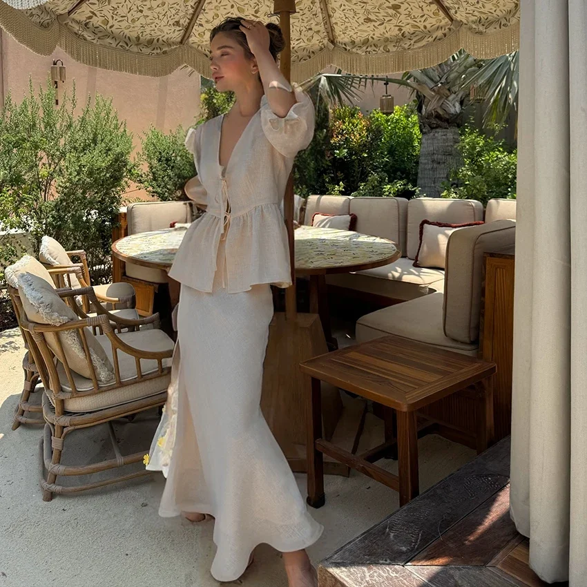 

2025 Summer V-Neck Puff Sleeve A-Line Long Skirt 2 Piece Sets Woman Outfit Fashion Folds Khaki Loose Set Woven Casual Skirt Suit
