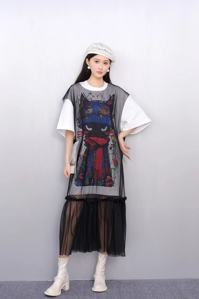 2025 夏のファッションエレガントなルーズメッシュロング Tシャツドレス女性半袖ドレスレディース卸売 J1124