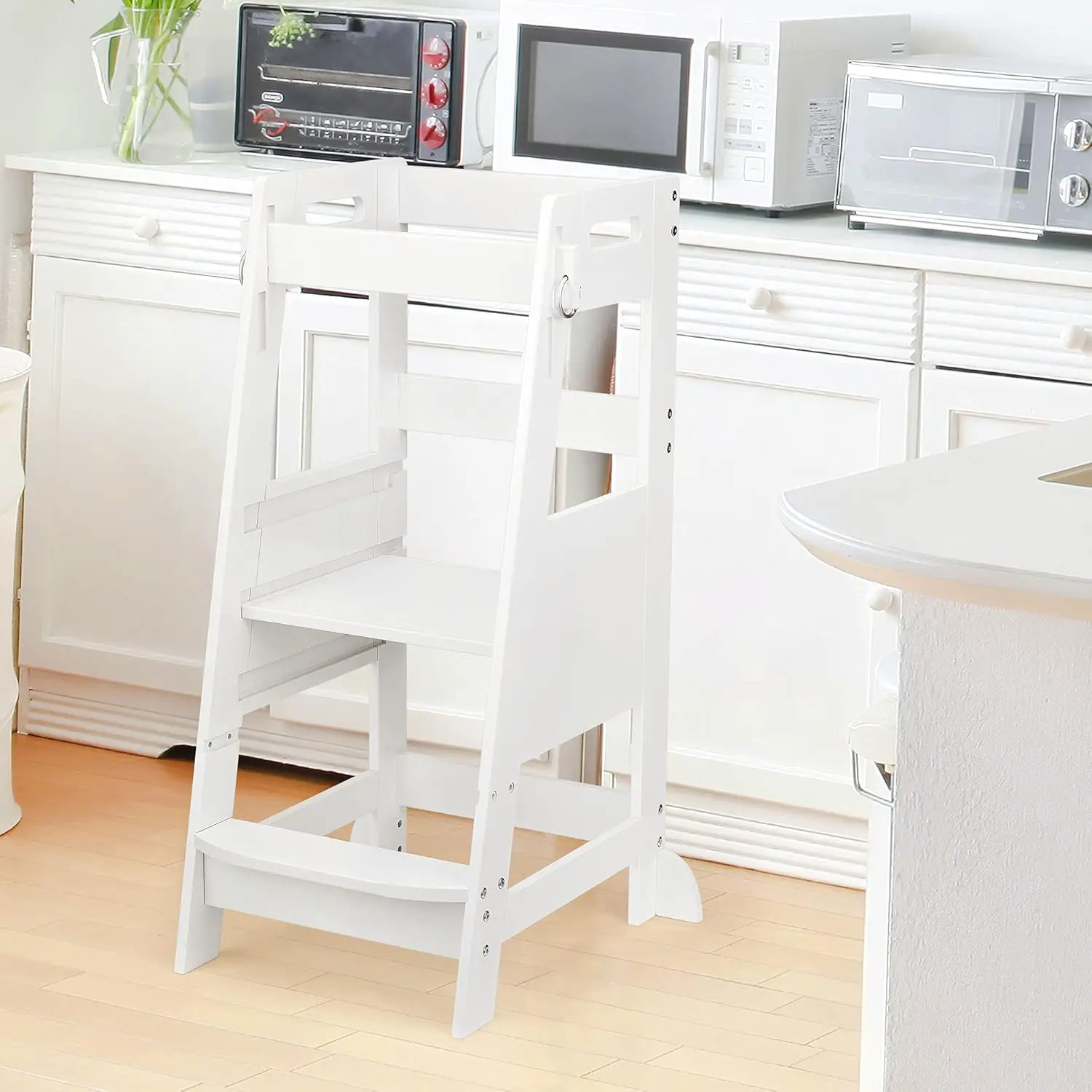 Banqueta de bambu para cozinha infantil, torre de pé branca, altura ajustável com proteção antiderrapante para contagem de cozinha infantil