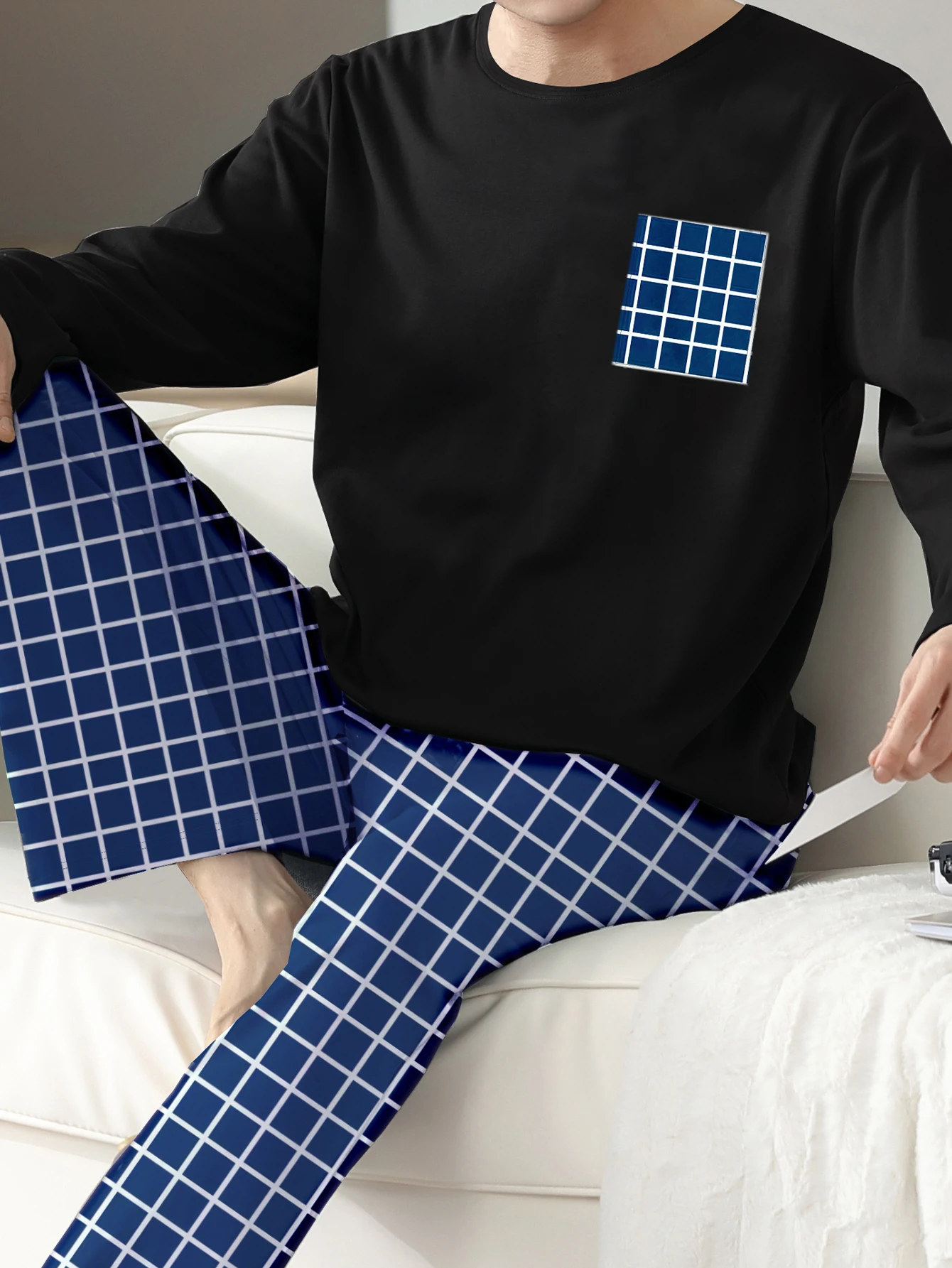 Two piece sets men's pajamas autumn and winter long sleeved pants checkered sleepwear set