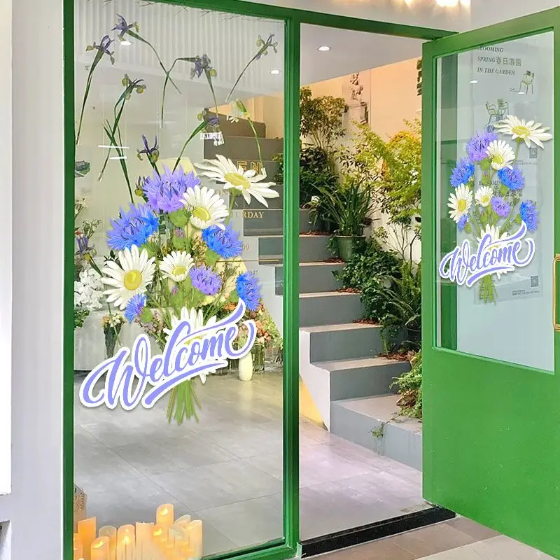 Willkommen Englisch Kleine Blumen Glastür Bouquet Anti-Kollisions-Aufkleber Milchtee Kuchen Dessert Bekleidungsgeschäft Fensterdekoration – Detail 9