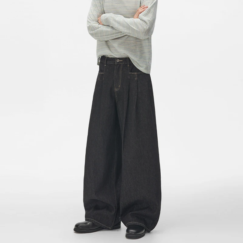 Autumn Japanese Style Trendy Raw Denim Black Wrinkled Loose Straight Leg Men's Jeans Design Denim Lantern Pants V51G