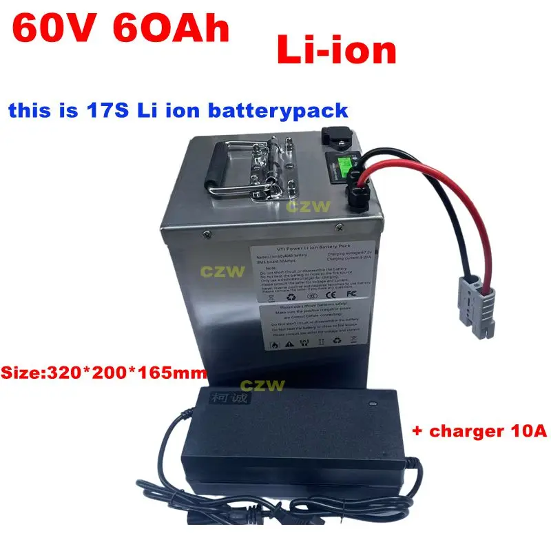 

CZW Batterie lithium-ion 62.9V, 60V, 60Ah, BMS 17S, 62.9V, 63V, avec chargeur 10A, pour scooter, vélo, tricycle et moto 3000W