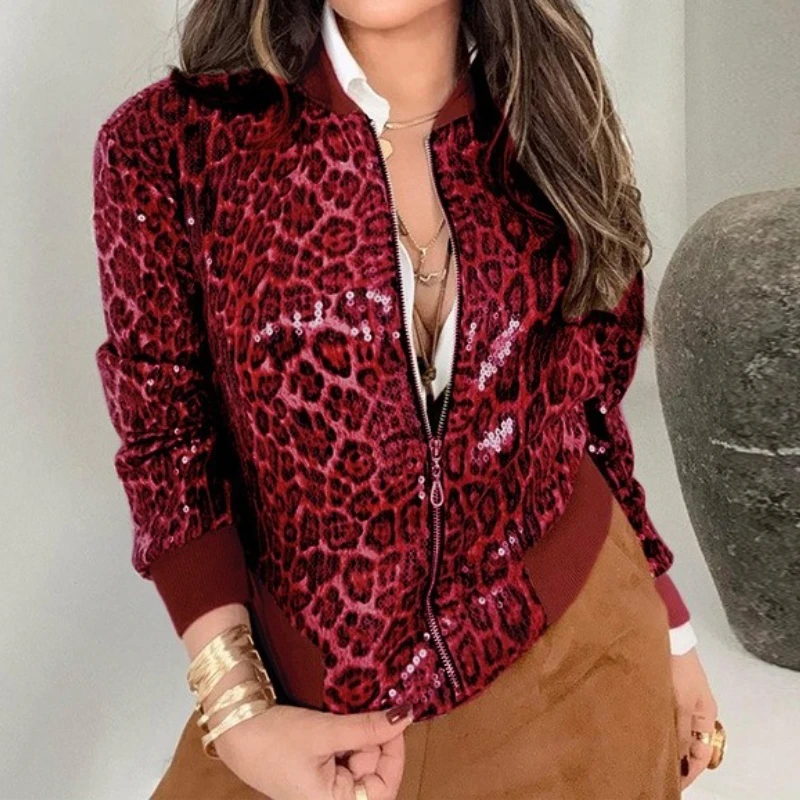 New Women's Fashion Sequin Leopard Print Baseball Jacket Versatile Short Outerwear Round Neck Full Sleeve Loose Top 2025