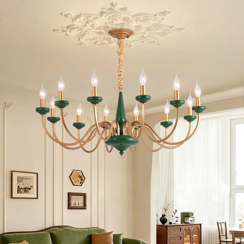 Retro Nanyang Crystal Chandelier Green Gold Iron Pendant Light Full Spectrum Tri Color Dimmable For Living Room Bedroom