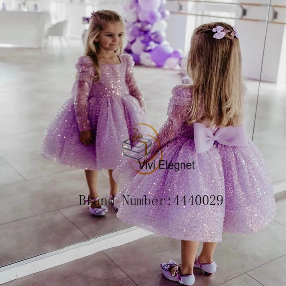 Vestidos de niña de flores moradas con lentejuelas 2025, vestidos de fiesta de boda de manga completa para cumpleaños, nueva imagen Real, verano, فسات Massaggioل