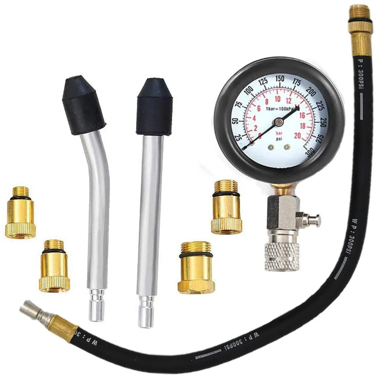 8 PCS Gasoline Engine Compression Tester Cylinder 0-300 PSI Automobile Pressure Gauge Kit with M10 M12 M14 M18 Adapter