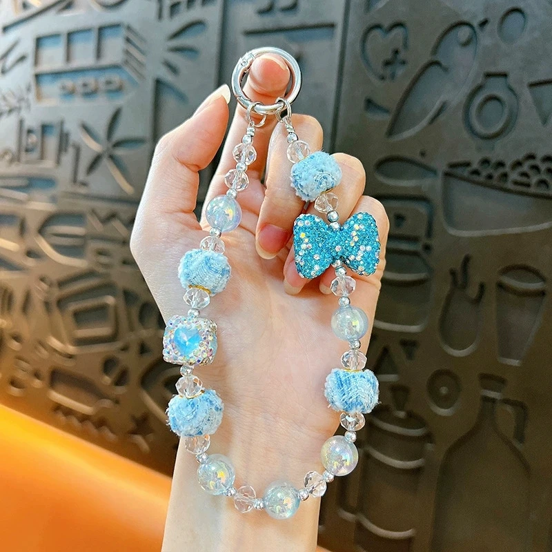 Korean Crsytal Bownet Beaded Keychain Phone Charm Chain Strap