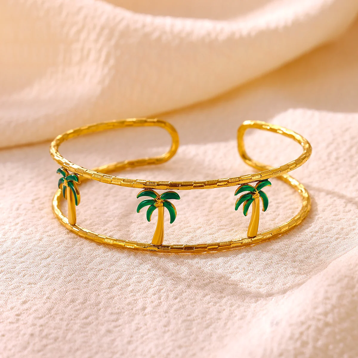 Tropisches Strand-Grün Ölpalmen-Armband für Frauen Edelstahl Goldfarben Emaille Doppelschichtiges Offenes Manschettenarmband Schmuck Geschenk