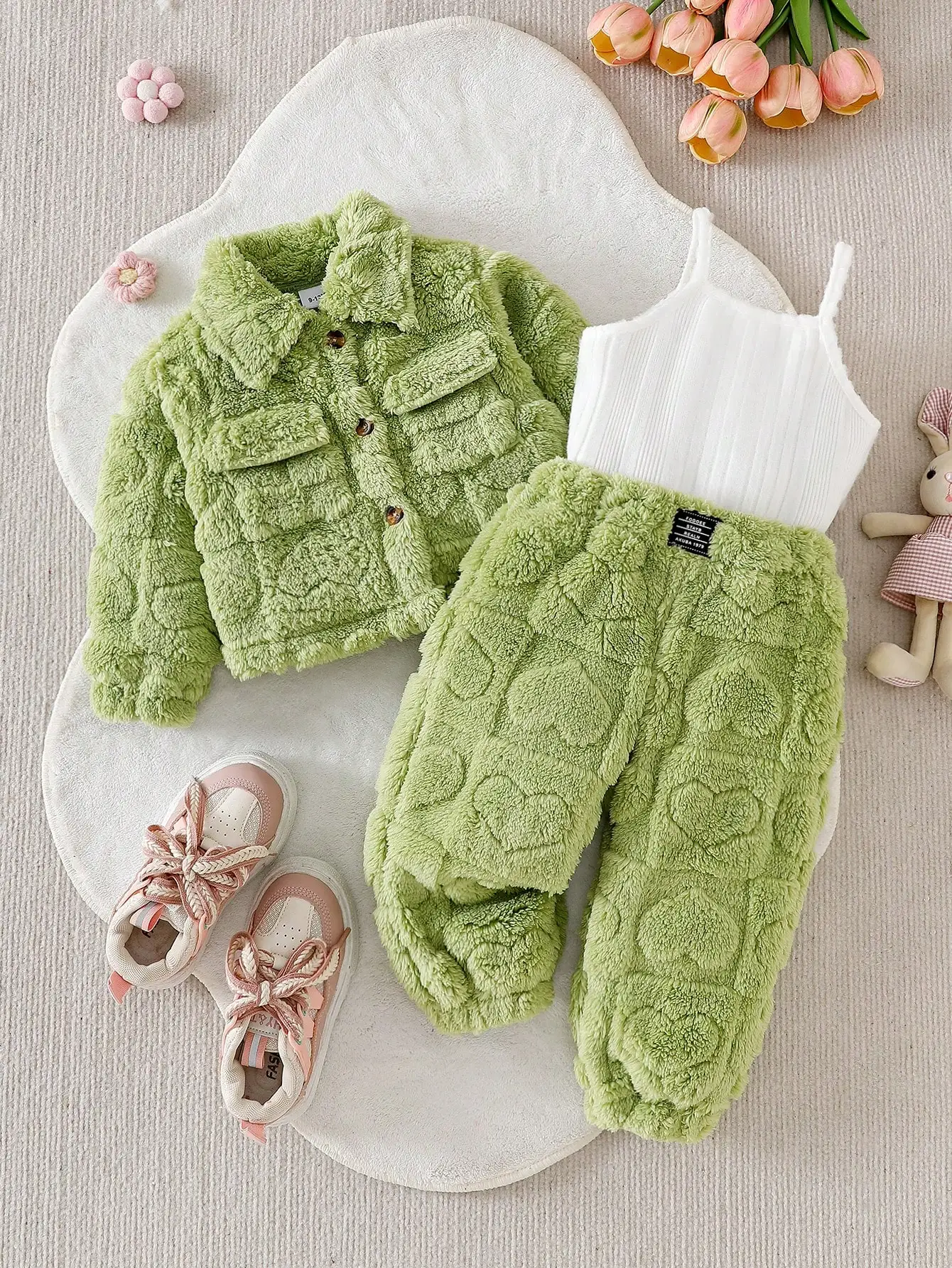 Dreiteiliges Set für Babymädchen: Lässige rosa Plüschjacke mit langen Ärmeln, lange Plüsch-Sweatpants und ein schlichtes Oberteil als vielseitige Basis für den Winter. – Detail 6