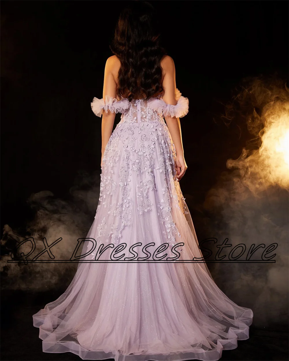 Customized Gorgeous A-line Prom Gown Off the Shoulder Ruffle Lace Appliques Side High Slit Backless Evening Party Dress فساتين م