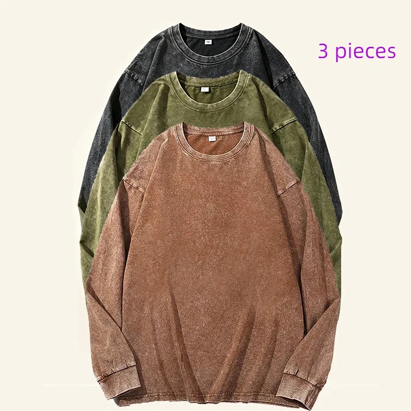 Autumn Vintage Long-Sleeved T-Shirt Men Washed Cotton Tees Fashion Harajuku Streetwear Blouse Clothing Tops Male Plus Size