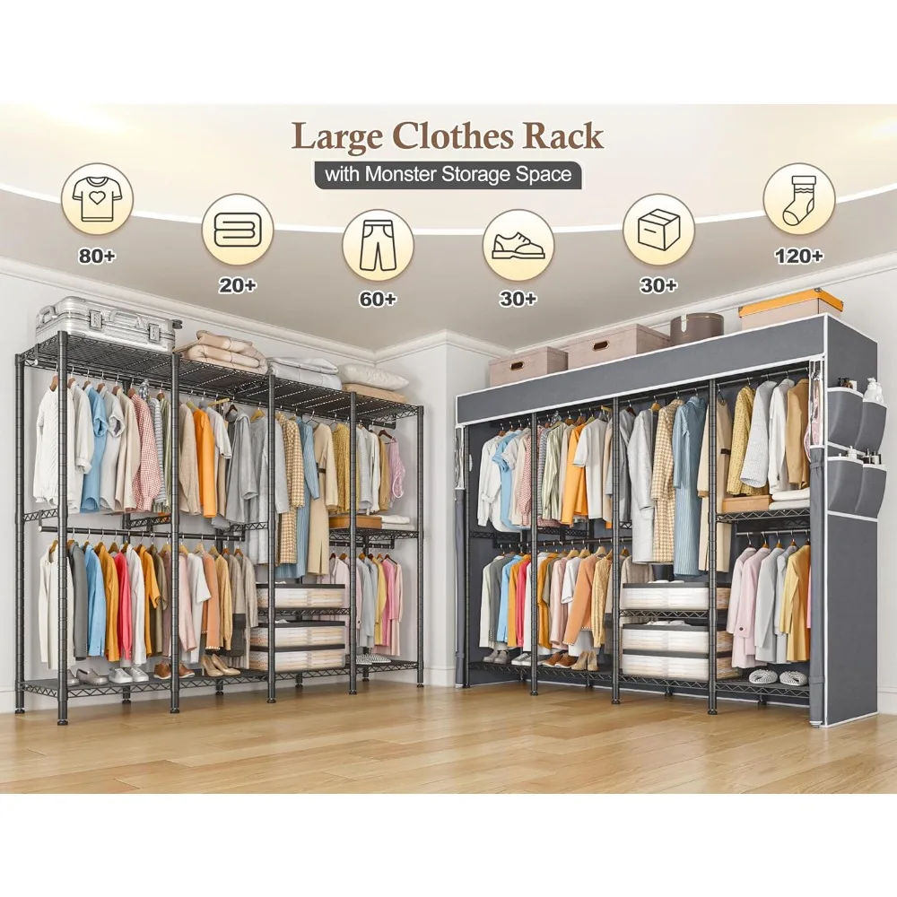 رف ملابس معدني شديد التحمل مع غطاء وأرفف - يحمل 1100 رطلاً، وخزانة محمولة لتعليق الملابس، ونعل تخزين متين