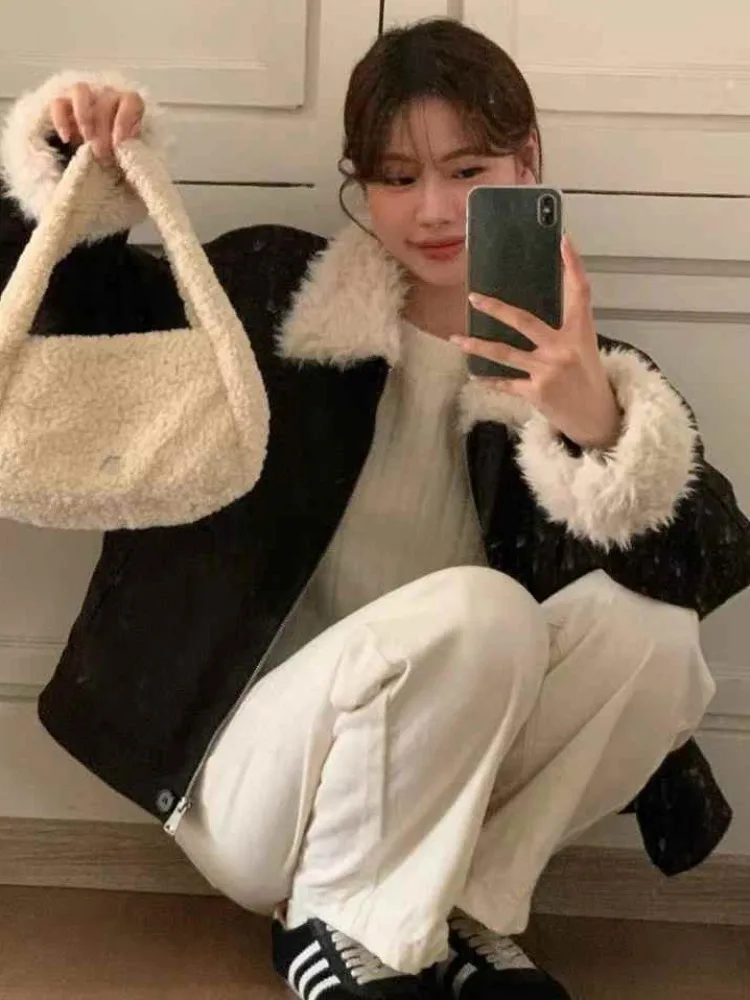 

Retro Thiened Cotton Lined Jaet Women's Winter New Sle Fur Collar Splice Turn-down Collar Warm Coat Korean Sle