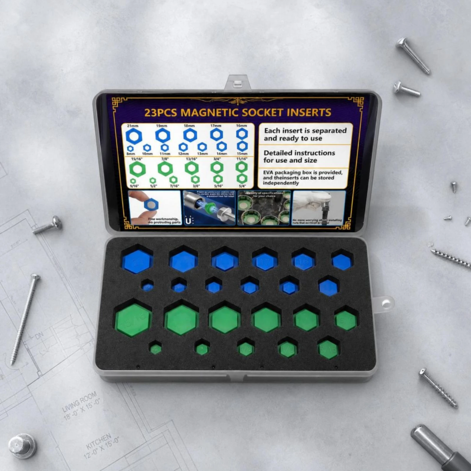 23 Pieces Attracting Socket Insert Adapter Set Hexagonal Attracting Socket Insert Set Tool Two-systemSystem Standard