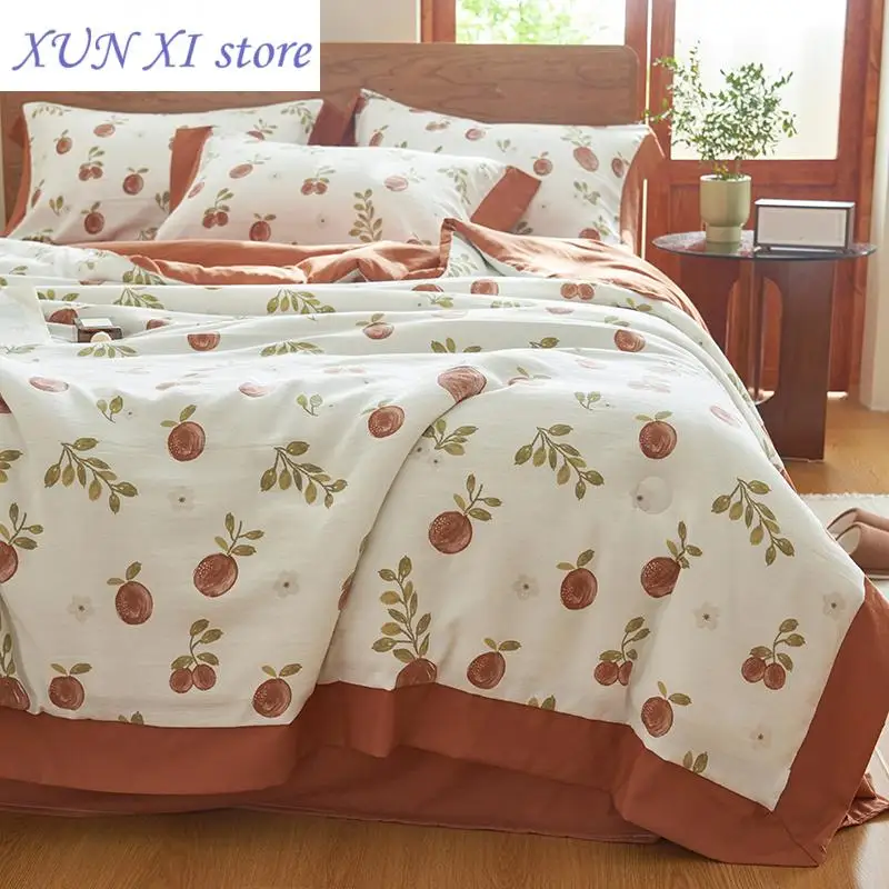 New 1pc Cotton Linen Summer Quilt Floral Printed Machine Washable Summer Blanket Single/Queen/King Coolling Summer Bedspreads