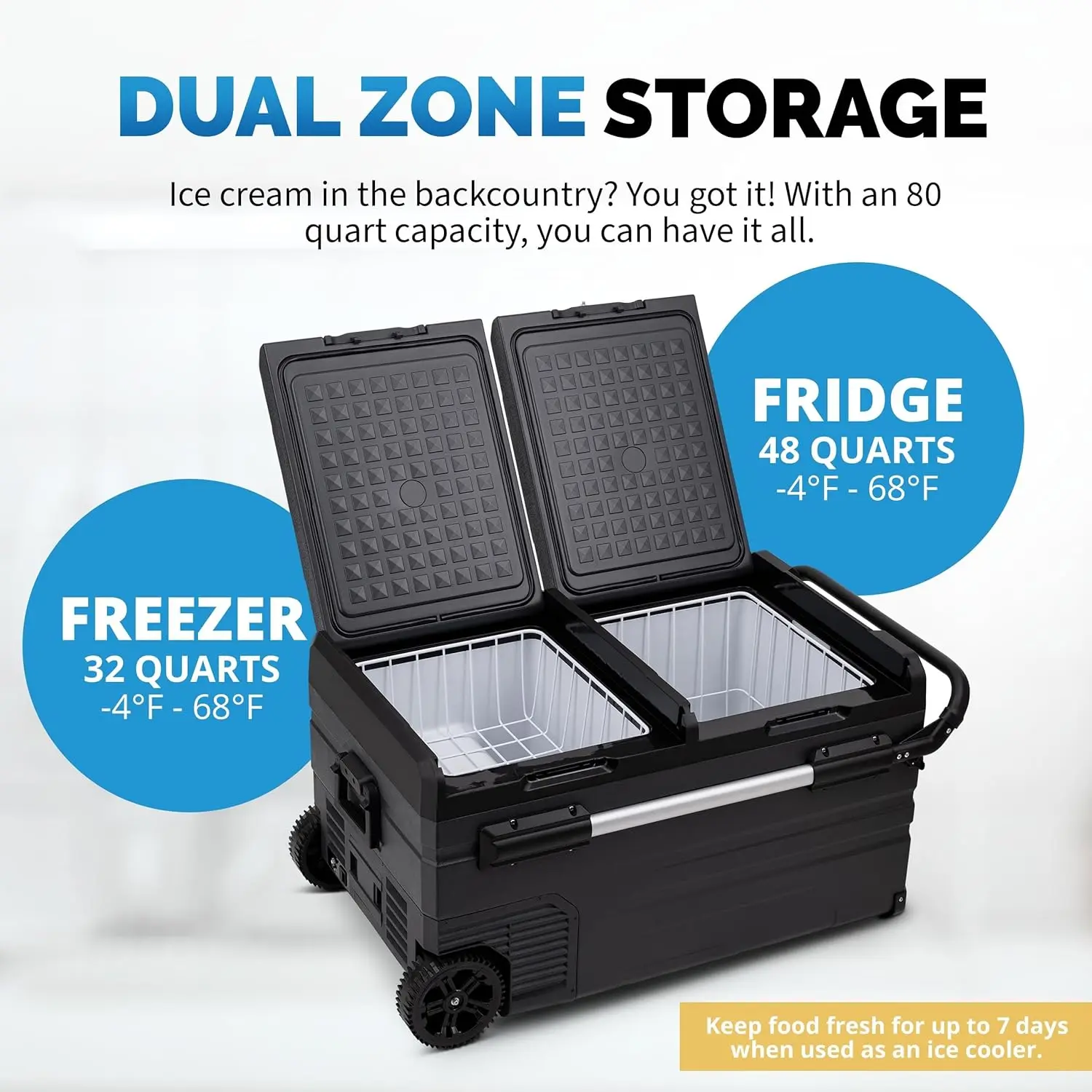 Portable 80 Qt. Electric Car Camping Cooler with 4 Battery Protection Modes, Dual Zone Fridge and Freezer Storage