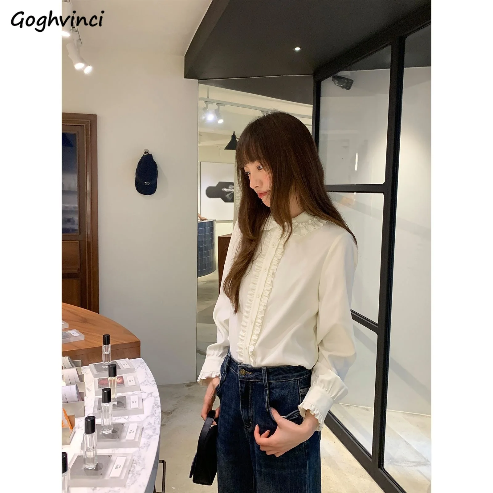 

Изящная женская блузка с воротником-стойкой, в горошек, на пуговицах, облегающая, для повседневной носки, осенняя, с длинным рукавом