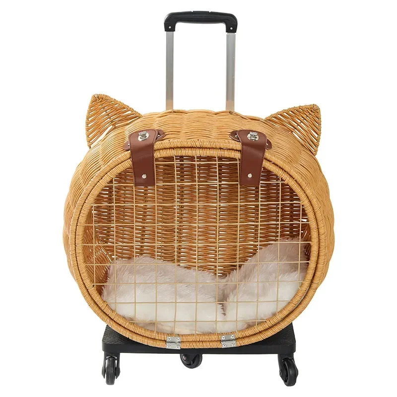

Breathable Cat Bag, Portable Pet Crate, Dog Tote Bag with Trolley, Handwoven Cat Cage, Lightweight Pet Luggage, Vintage Style