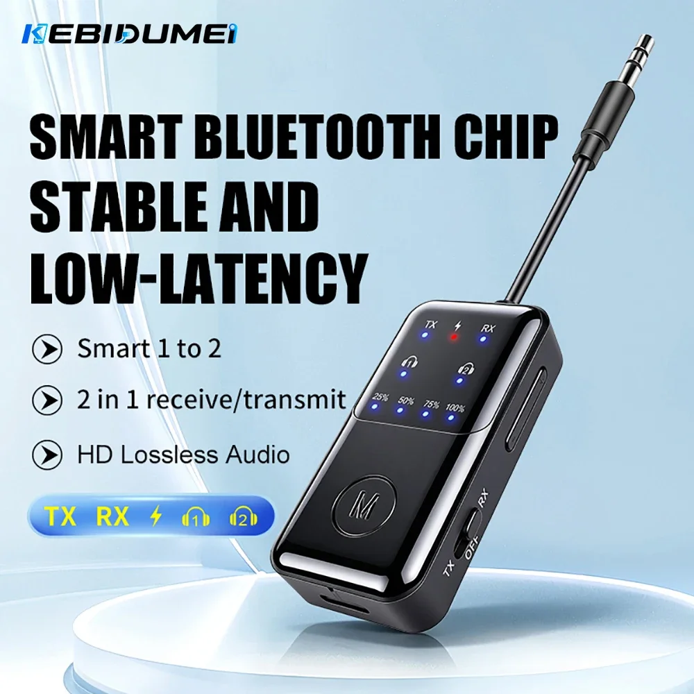 Kebidumei Bluetooth 6.0 Wireless Audio Adapter Audio Receiver Transmitter AUX Hi-Fi Stereo Music Airplane with HD Mic for PC TV